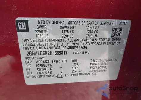 2017 Chevrolet Equinox Lt z USA, uszkodzony, nr VIN 2GNALCEK2H1565817